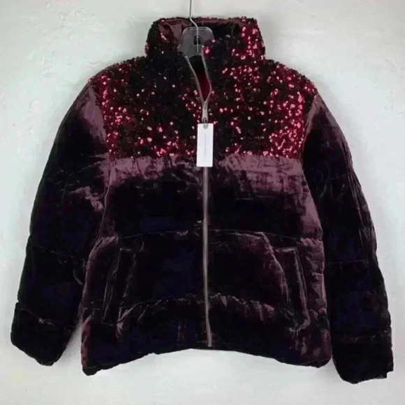 NWT Anthropologie Maeve Vera Sequined Velvet Puffer Red Wine Sparkle Jacket XS - Picture 5 of 9